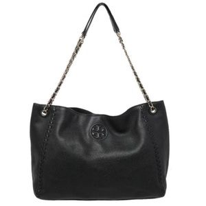 Tory Burch Marion Black Leather Slouchy Chain Tote Purse